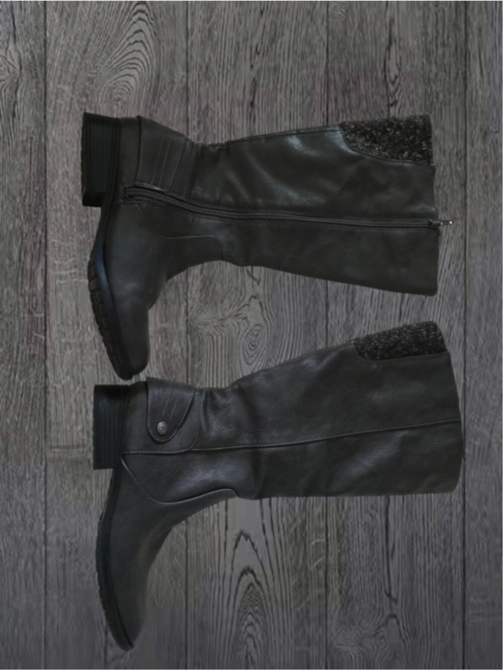 Women's Wide-Calf Charcoal Gray Knee-High Faux Leather Boots with Knit Cuff - Picture 3 of 8